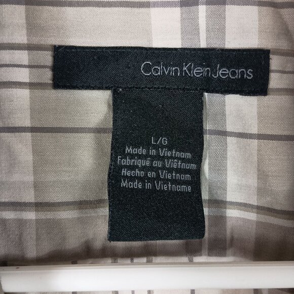 Calvin Klein Jeans Mens Tan Plaid Short Sleeve Shirt L Casual Preppy Summer - Picture 3 of 5